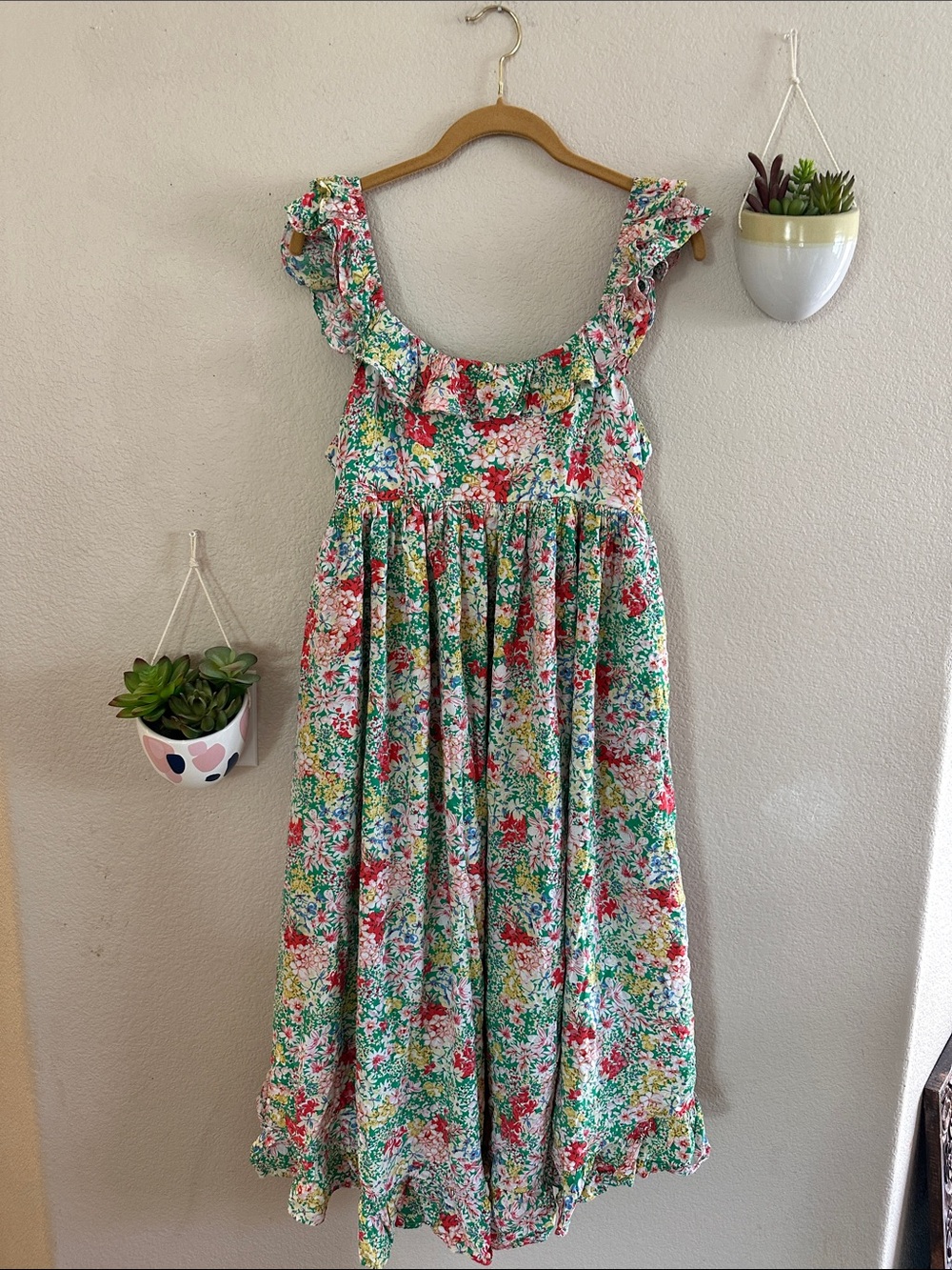 Entro Floral Ruffle Open Back Tie Rayon Midi Dress Vintage Babydoll Medium